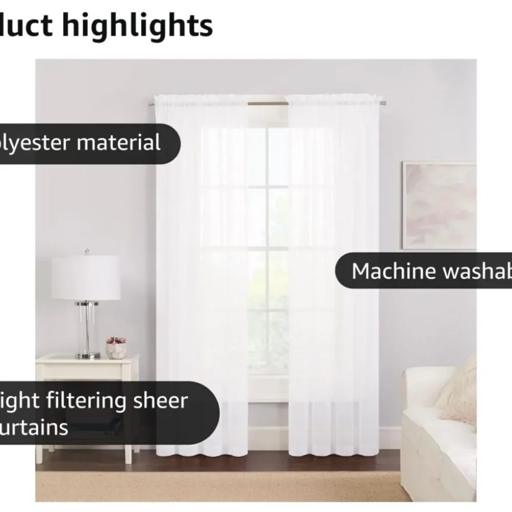 4 panels Victoria Voile white Sheer Rod Pocket Window Curtains measures 38”x87”